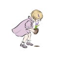 Little blonde girl plants lavender.